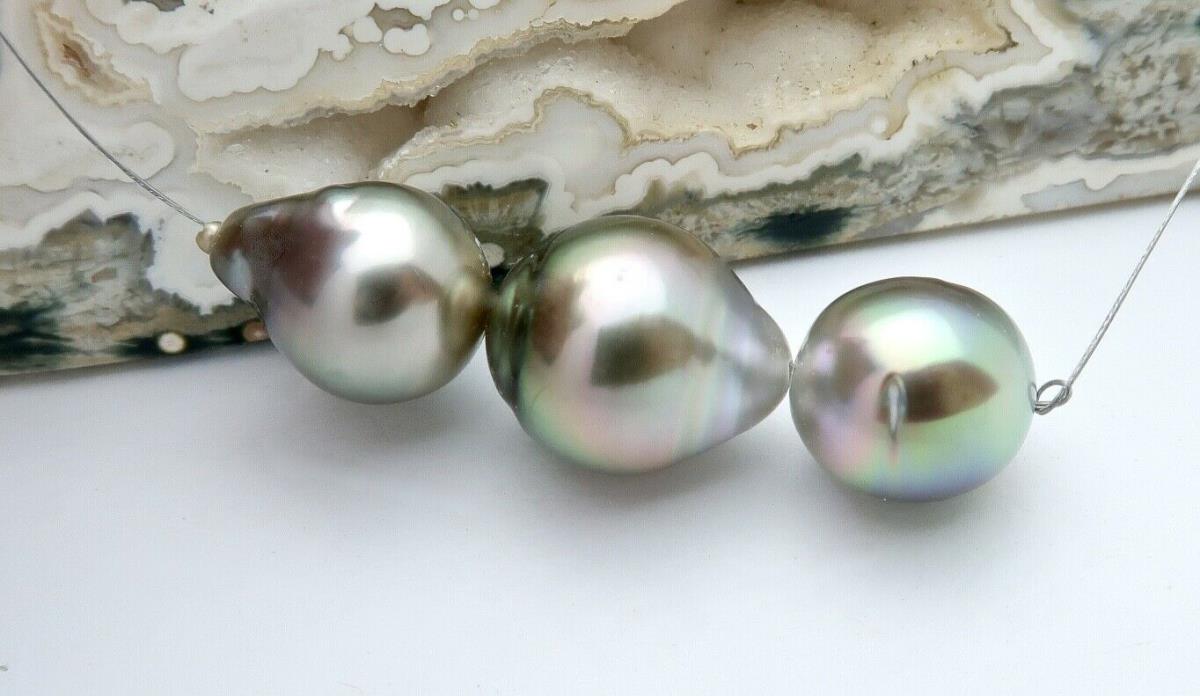 3 STUNNING 10.2-11.9mm AA+ TAHITIAN PASTEL SILVER GREEN PEACOCK CULTURED PEARLS