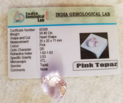 24.40 Carat IGL Certified Heart Shape Brazilian Pink Topaz Authentic Gemstone