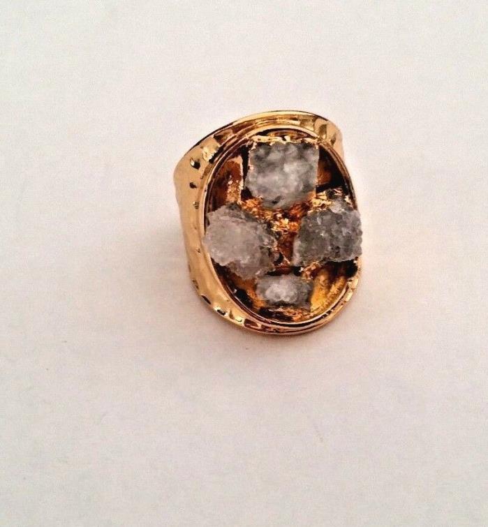 NATURAL AGATE DRUZY GEODE WIDE CIGAR BAND GOLD PLATED RING 054627 SIZE 7.5