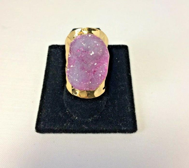 HOT PINK AGATE DRUZY GEODE WIDE CIGAR BAND GOLD PLATED RING 075359 SIZE 7