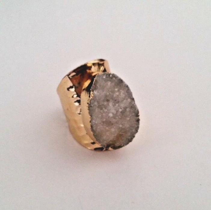 NATURAL AGATE DRUZY GEODE WIDE CIGAR BAND  GOLD PLATED RING 054425 SIZE 7
