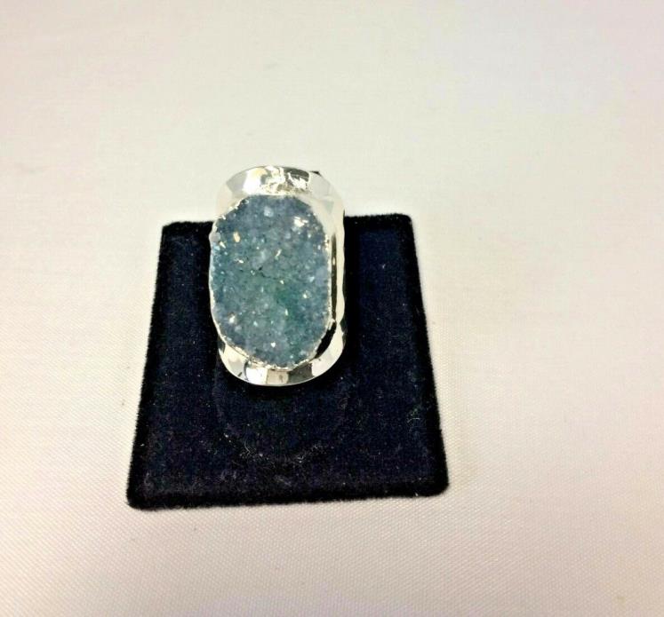 WIDE CIGAR BAND TITANIUM BLUE AGATE DRUZY SILVER PLATED RING 075365 SIZE 7