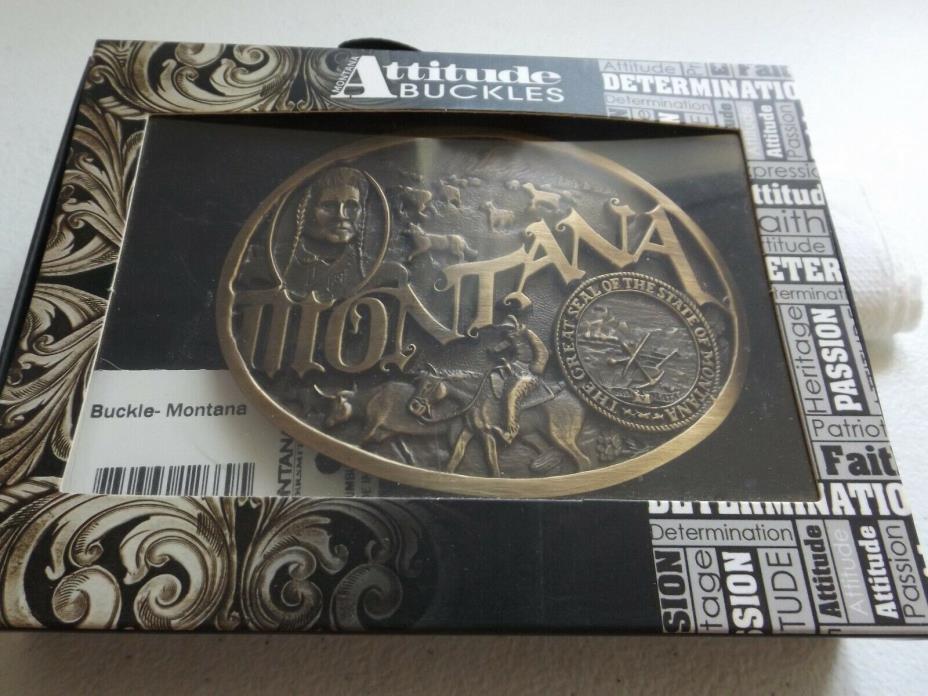 MONTANA Cowboy Indian Bull State Seal, Bronze Tone, Gift Box, Belt Buckle, NEW