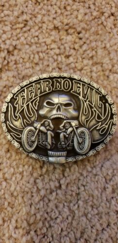 Vintage Siskiyou Belt Buckle 1995 FEAR NO EVIL Motorcyclist Skull harley biker