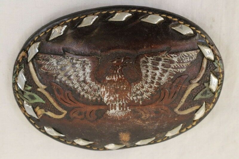 VTG OVAL HAND TOOLED BRAZOS JOE LEATHER BUCKLE SILVER TONE EMBOSSED EAGLE4