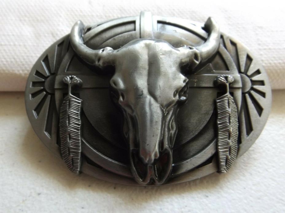 Western Bull Skull Horns, Feathers, Sun, Oval Shape, Pewter, Belt Buckle, NEW
