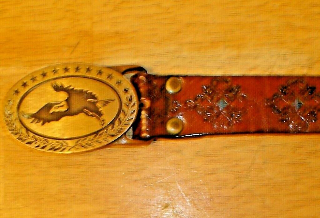 Vintage 1970s Solid Brass American Bald Eagle Belt Buckle w/ Leather Cowboy Belt