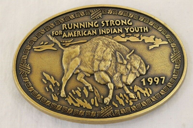 Brass 1997 Native American Indian Youth Running Strong Embossed Buffalo Buckle
