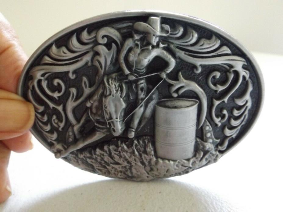 Western Cowgirl Barrel Racing on Horse, Rodeo, Pewter Tone, Belt Buckle, NEW
