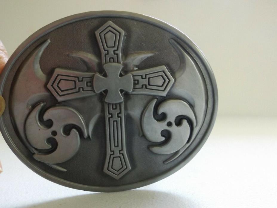 Western Cross, Throwing Stars, Silver Tone, Pewter Toned, Oval, Belt Buckle, NEW