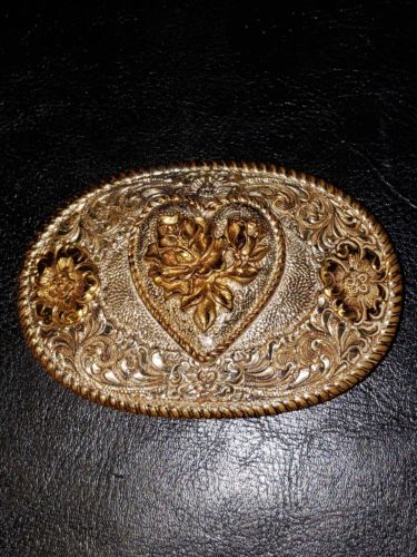 WESTERN BUCKLE HEART & ROSES Crumrine Silver Plate Jewelers Bronze Belt Engraved