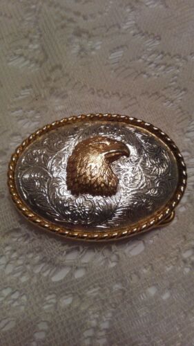 Eagle Head Belt Buckle w/ Western Etching Silver & Gold Tone by Ivan