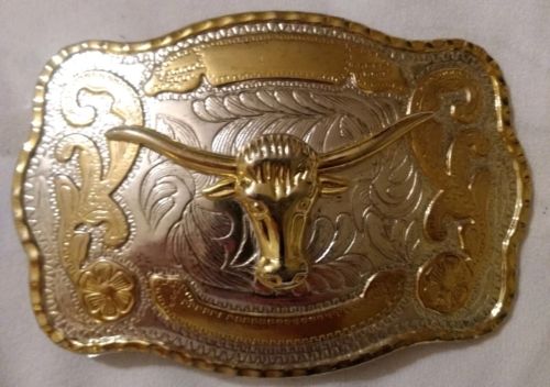 Huge Silver & Gold Toned Metal Bull Steer Head Belt Buckle 5 1/2 