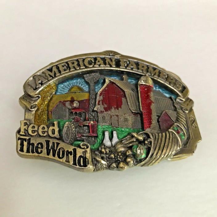 Vintage 1984 Farmers Feed the World Belt Buckle by Great American Buckle Company