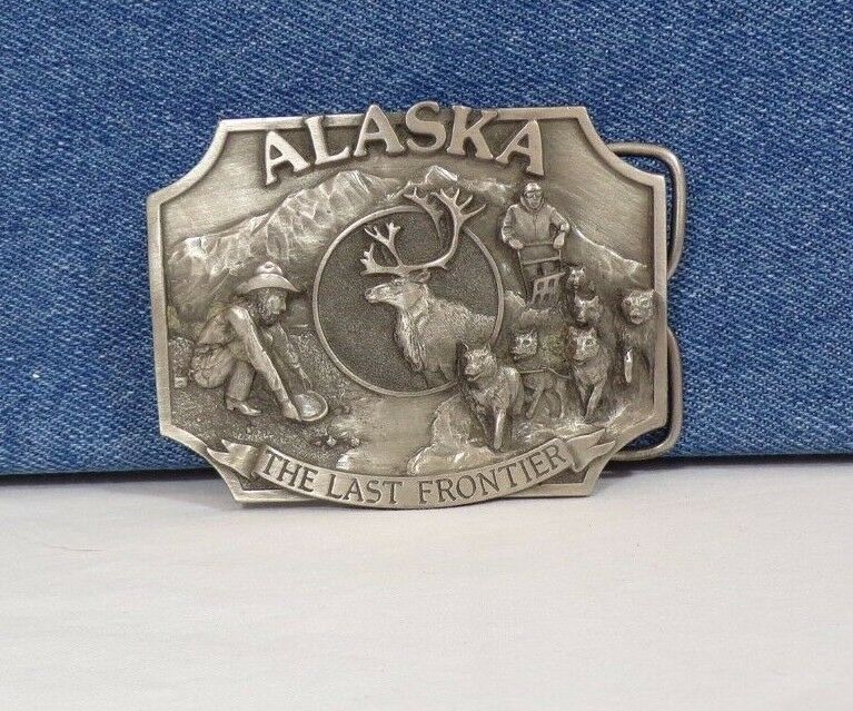 Vtg Fred Welch Alaska The Last Frontier Pewter Belt Buckle Gold Miner/Dog Sled+