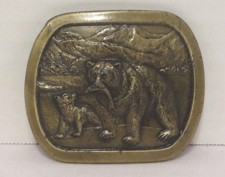 Vintage Indiana Metal Craft Brass Belt Buckle Grizzly Bear and Cub 1976 F97