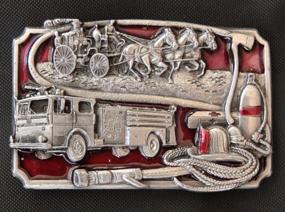 Fire Engine Belt Buckle, Siskiyou J-30 1985, Pewter and Red Enamel, 2x3 Inches