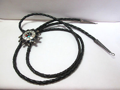 uni Sun Face Inlaid Gemstone Vintage Sterling and Leather Bolo Tie Southwest 39