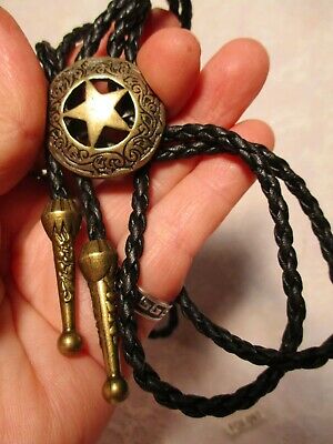 Brass Badge Style BOLO Black Cord with Blass tips Tips