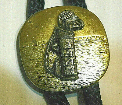 Vintage goldtone silvertone Golf Bag & Clubs Bolo Black cord Tie