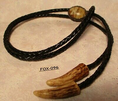 VINTAGE STERLING SILVER & Stone BOLO Black Leather Cord with Elk Horn Tips