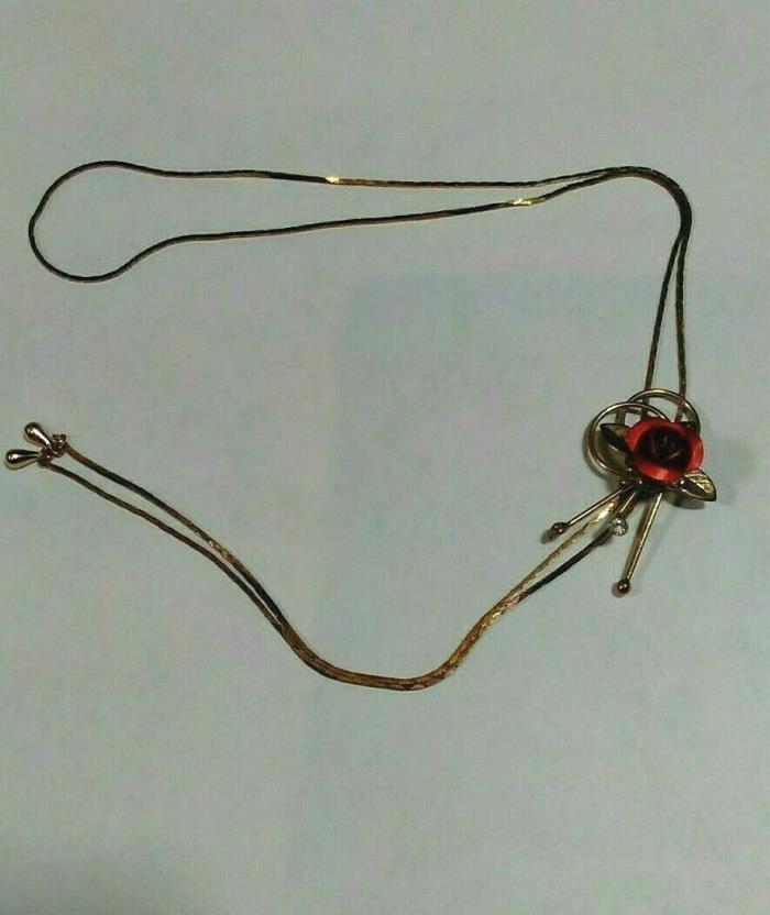 Vintage Gold Tone Necklace Leaves Bolo Tie Red Rose Center  With Rhinestone