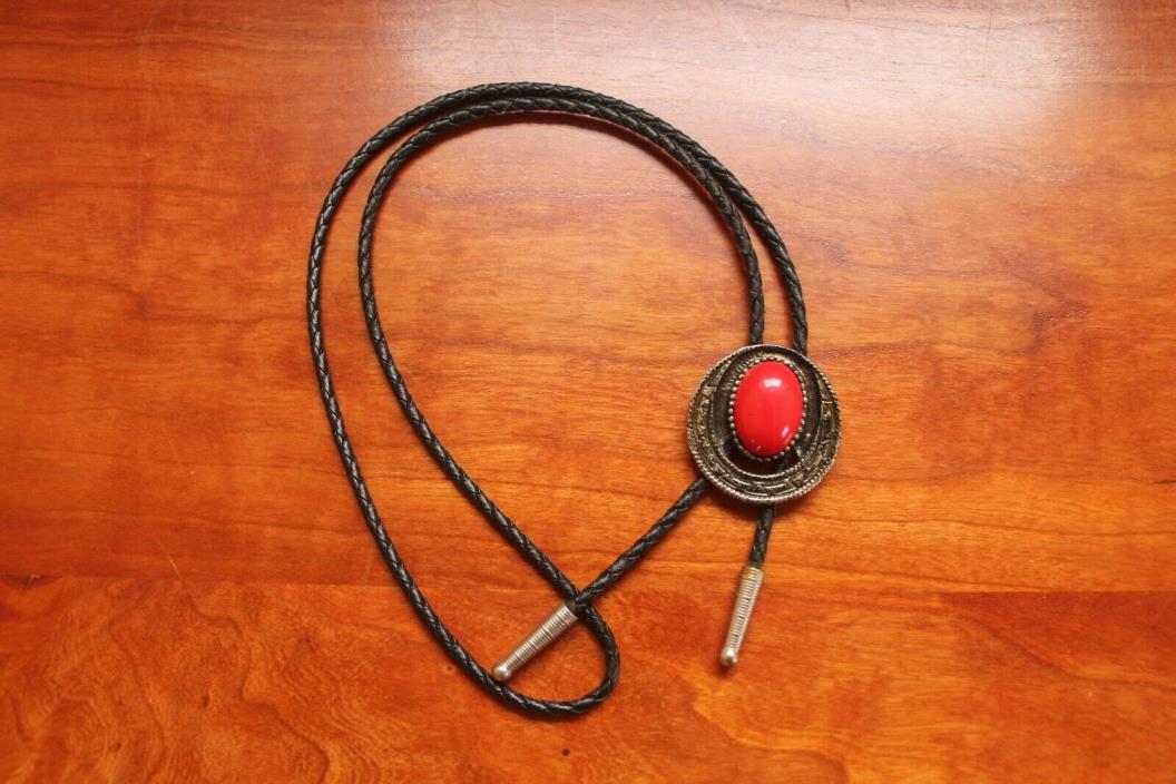 Men’s Bolo Neck Tie Gold Tone with Pretty Red Stone Black Leather Rope
