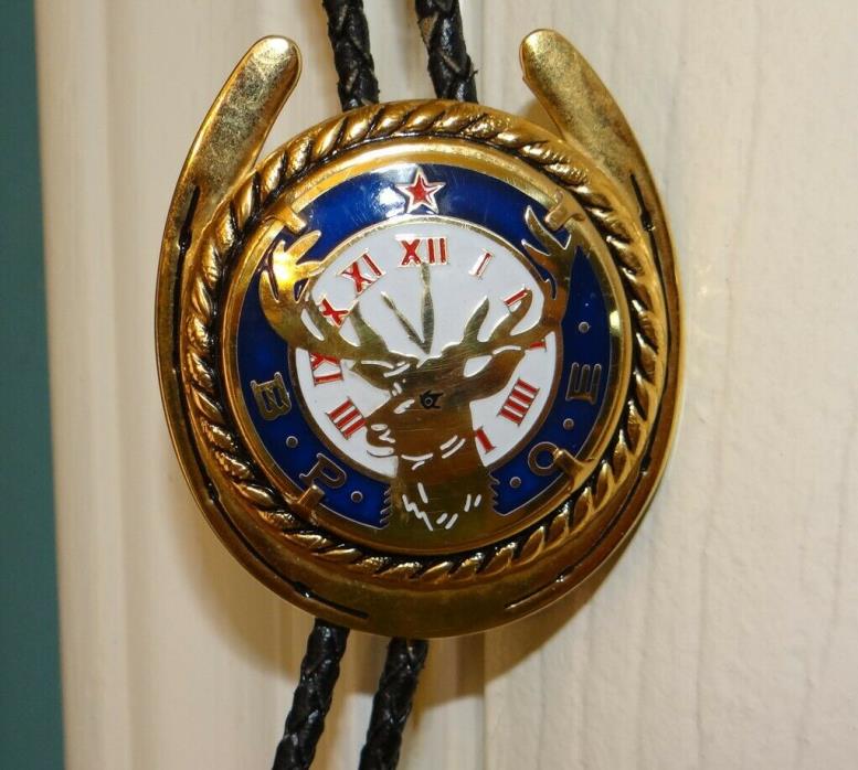 Vintage Gold Tone Enamel BPOE Elks Lodge Horseshoe Clock Bolo Tie