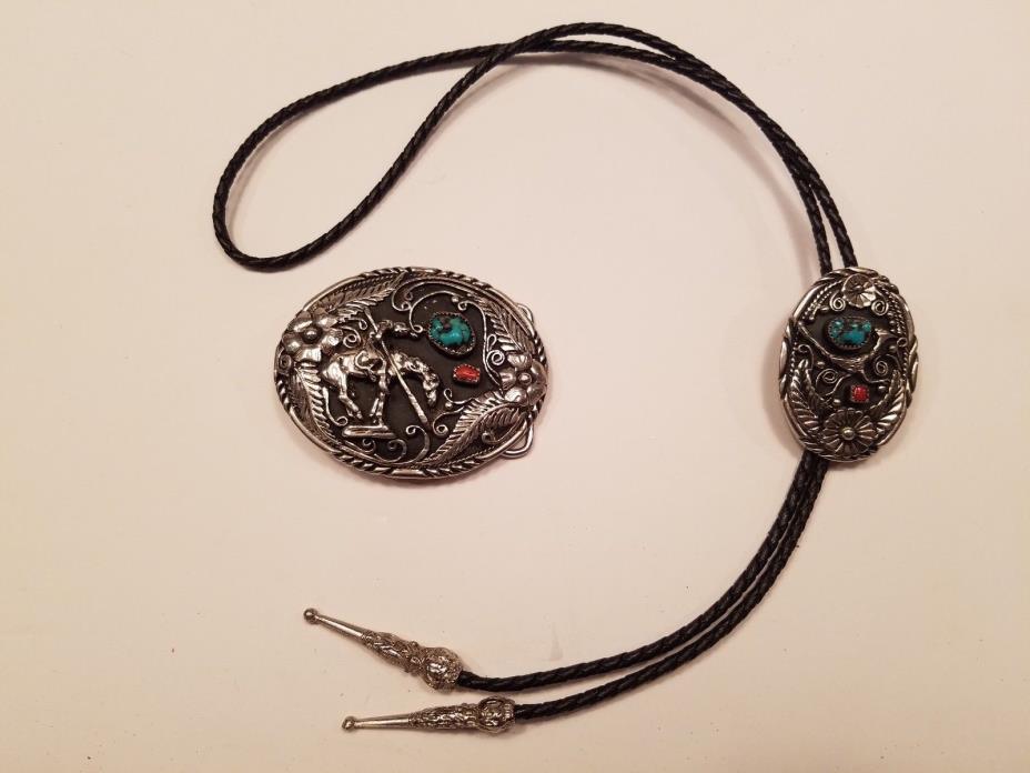 Vintage Native American Silver Bolo Tie and Belt Buckle Turquoise & Coral Stones