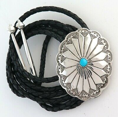 Quality Sterling Silver & Turquoise Scalloped Concho Style Bolo Tie