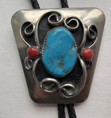 Western Bolo Tie Large Turquoise And Coral Silver plate Southwestern