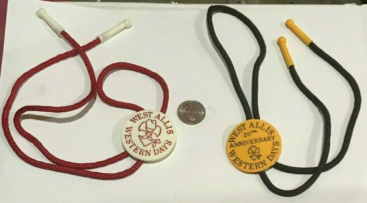 2 VINTAGE COLLECTORS BOLO TIES 1984 1985 WEST ALLIS WESTERN DAYS WISCONSIN USA