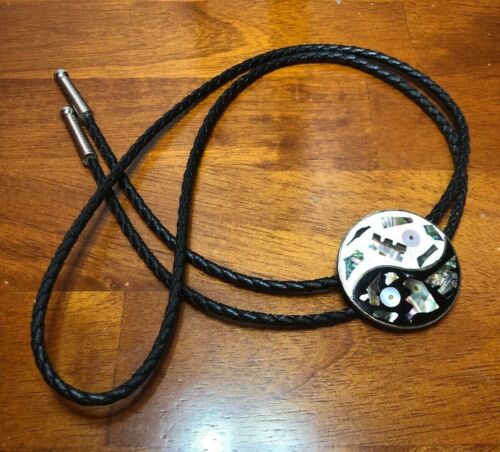 Vintage Round Bolo Tie Abolone Shell Inlay