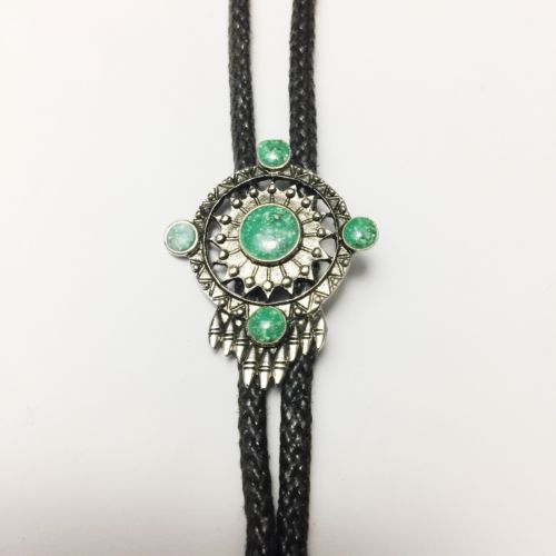 Southwest Bolo Tie Silver Tone Metal & Repro Green Turquoise Black String W/Tips