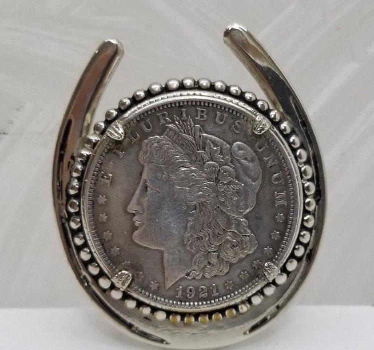 VINTAGE 1921 MORGAN SILVER DOLLAR HORSESHOE BOLO TIE NO CORD