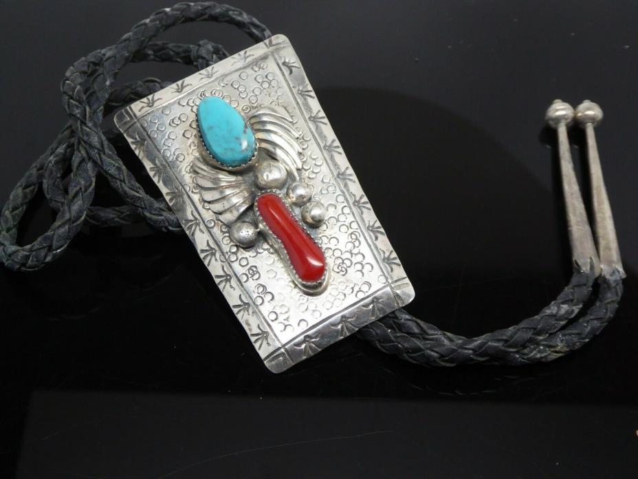 Vintage Navajo Blue Turquoise Coral Gemstone Sterling Large Bolo Tie Necklace