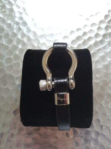 Luxury Polished Steel Bracelet with Black Leather Strap- Men's 8
