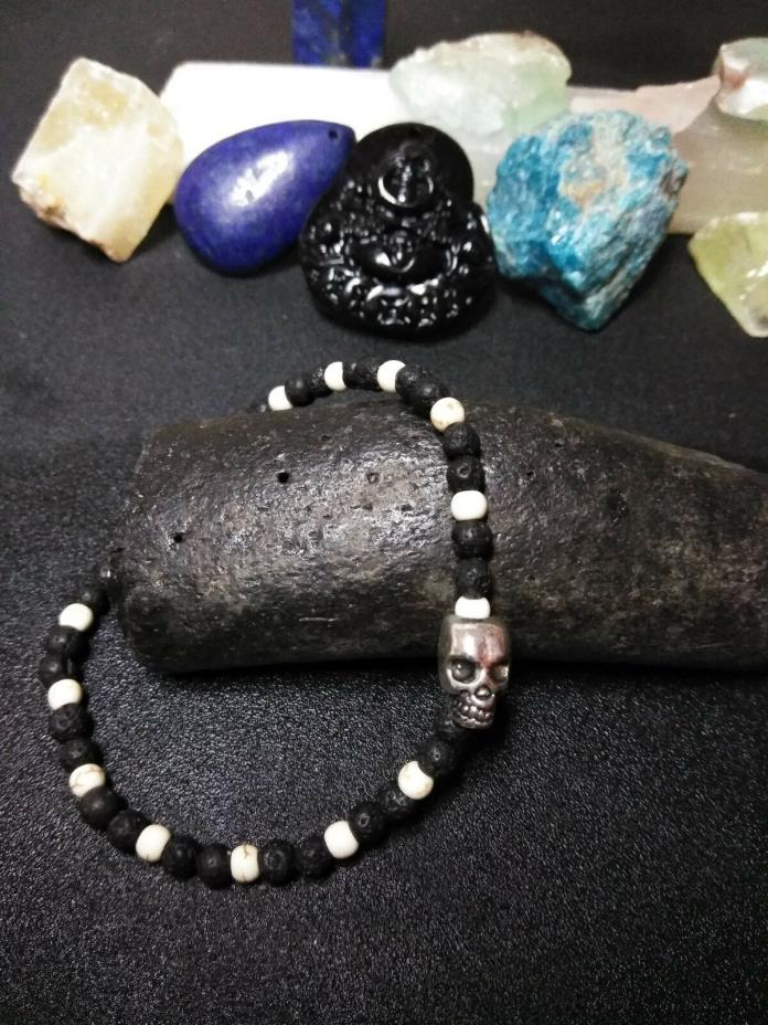 Bracelet Skull with Natural Lava Stone, Howlite Men Women friendship Stretch