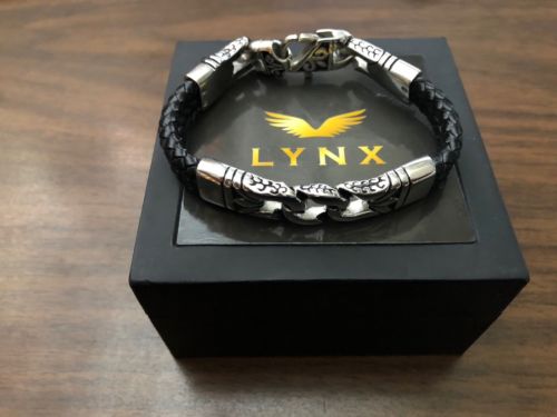 LYNX Stainless Steel & Black Leather Bracelet - Men MSRP $60