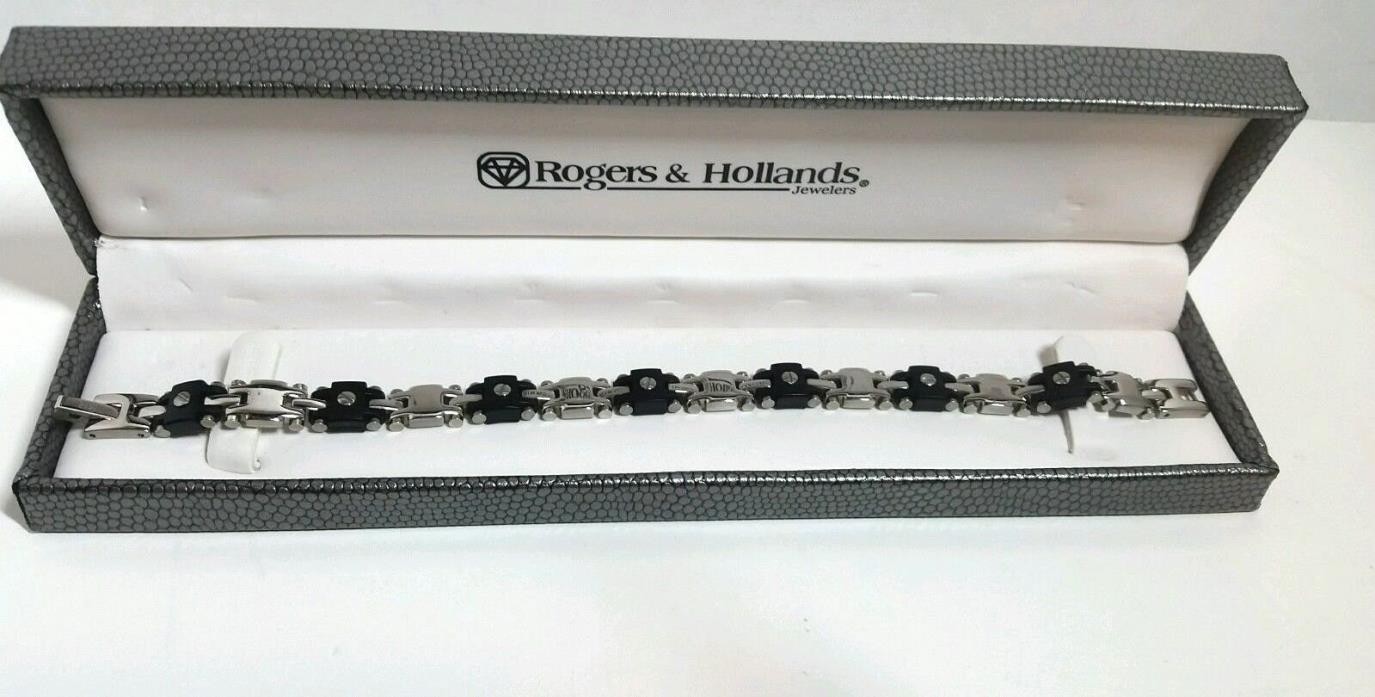 Mens stainless Steel and Black Rubber Bracelet Rogers and Hollands Mens Jewelry