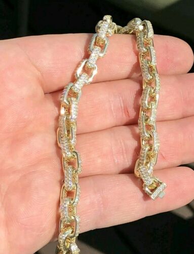 Iced Out Rolo Link Bracelet 14k Gold Over Solid 925 Silver Man Made Diamonds 6mm