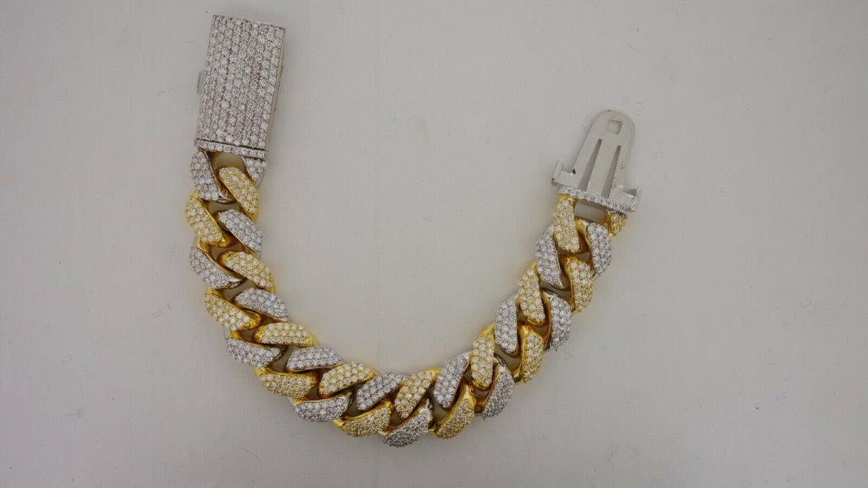 14k 2 Tone Gold Miami Cuban Bracelet 225 Grams 18.51 Ct Diamonds Prong Setting