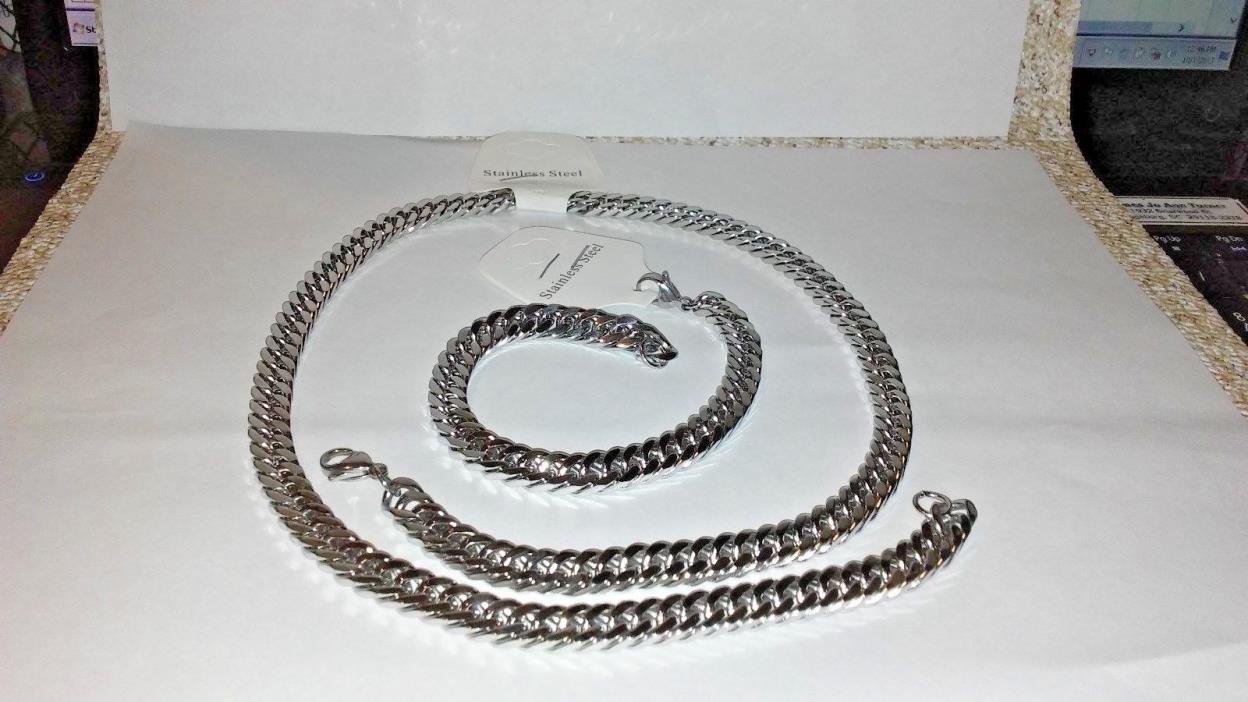 Stainless Steel Tight Curb Bracelet (8.50 in.) & Chain (24.00 in.)- Mens Set
