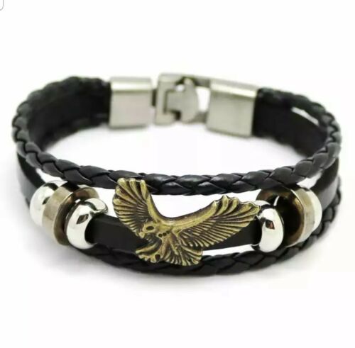 Genuine Leather Braided Rope eagle's Bracelet Wristband Mens Womens
