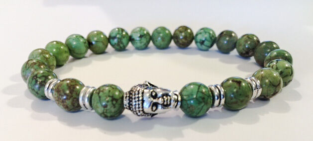 Chrome Buddha/Green Tibetan Turquoise Beaded Zen Stretch Bracelet Men/Women
