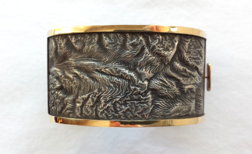 Hand Made Man Cuff Bracelet, 18 K Gold and  Reticulated Silver