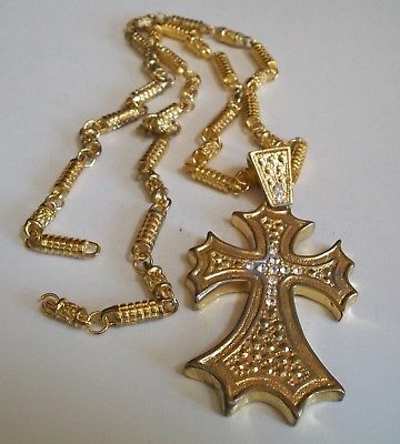 Men's CROSS Religious Gold Finish  Bling Heavy Fashion Pendant With Chain