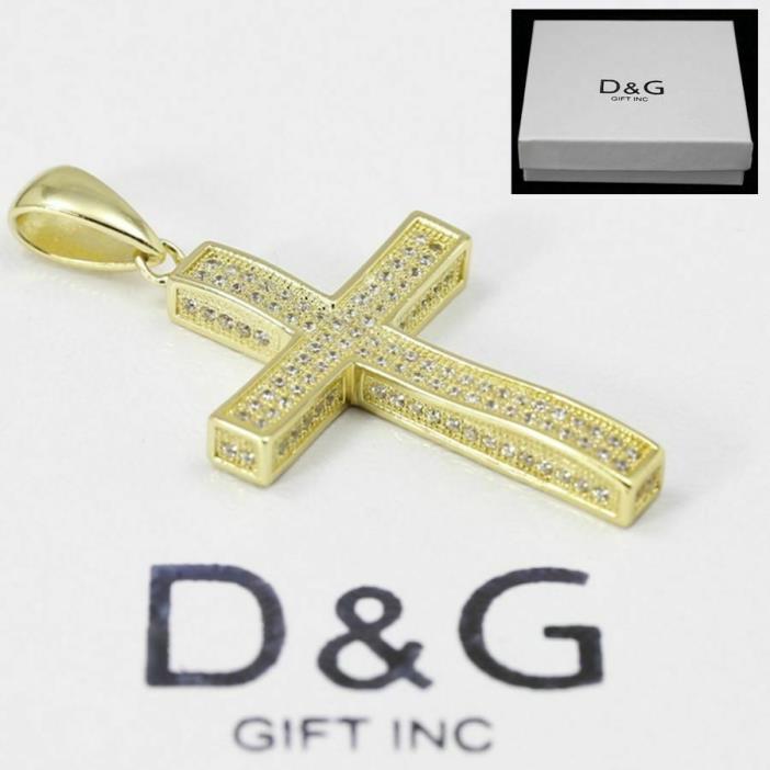 NEW DG Gift Inc Mens Sterling Silver .925 Gold 46 mm CZ Cross Charm Pendant +Box