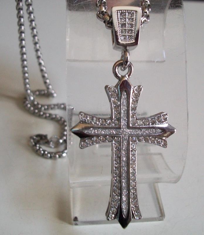 Men's Stainless Steel Lab Diamond with Glitter CROSS Religious Pendant/ Chain