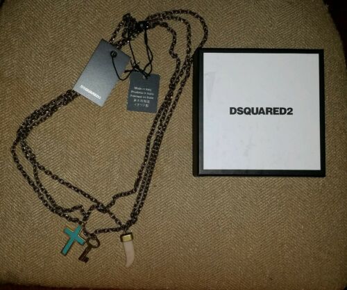 $345.00 Dsquared2  Turquoise Cross Key Horn  Three Tier Necklace Gold Tone Brass